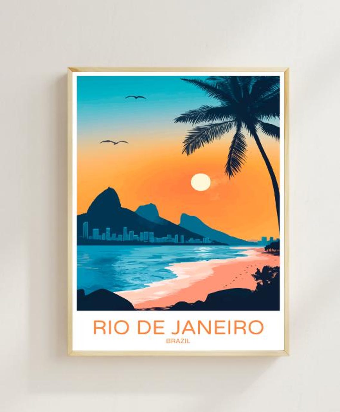 Rio de Janeiro Brazil Sunset Beach Palm Silhouette Bay View Poster