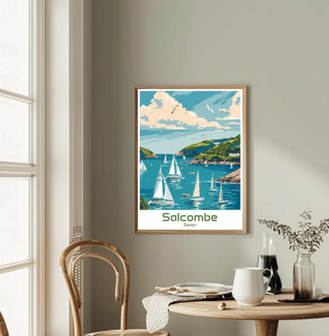 Salcombe Devon Estuary Sailboats and Seagulls Summer Day Travel Poster - Image 2