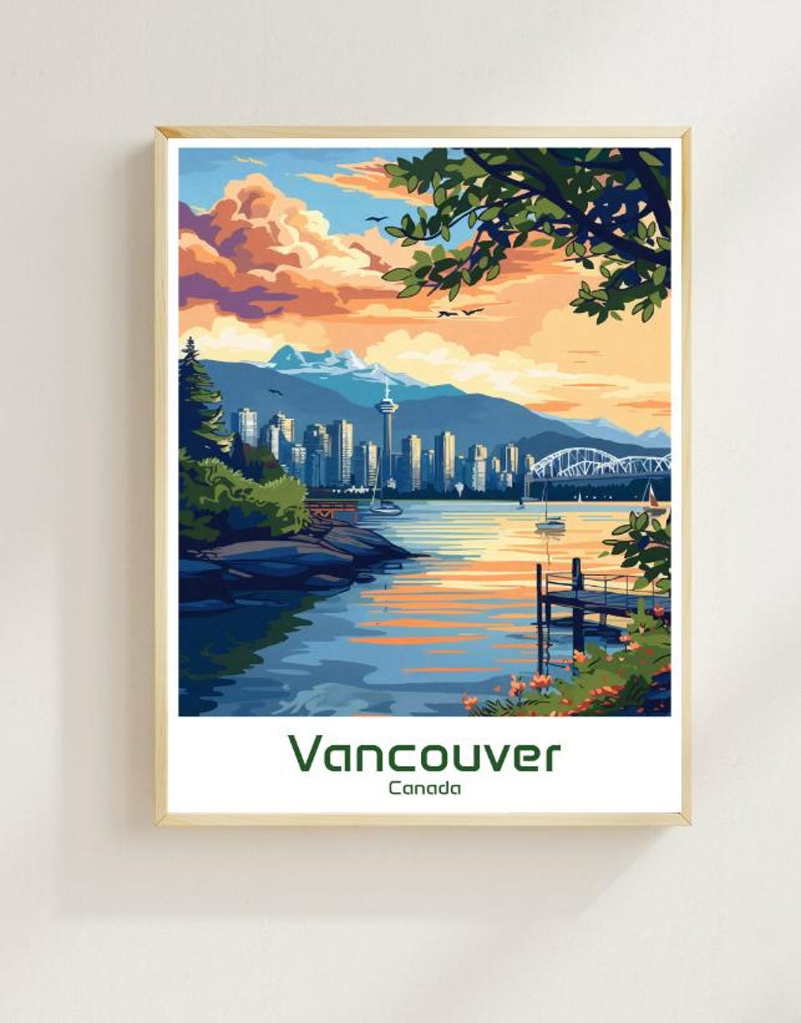 Vancouver Canada Harbor Sunset Skyline Waterfront Travel Poster