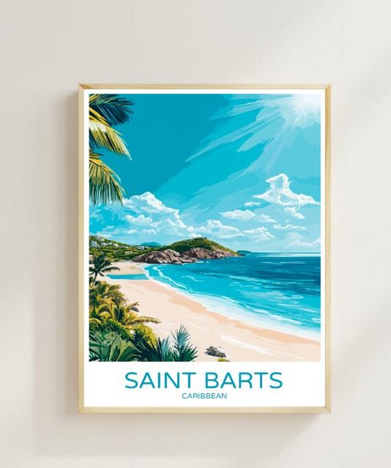 Saint Barts Caribbean Tropical Beach Palms and Turquoise Sea Travel Poster