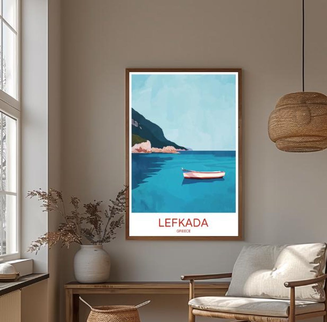 Turquoise Lefkada Greece Ionian Boat Cliffs Coastal Travel Poster - Image 3