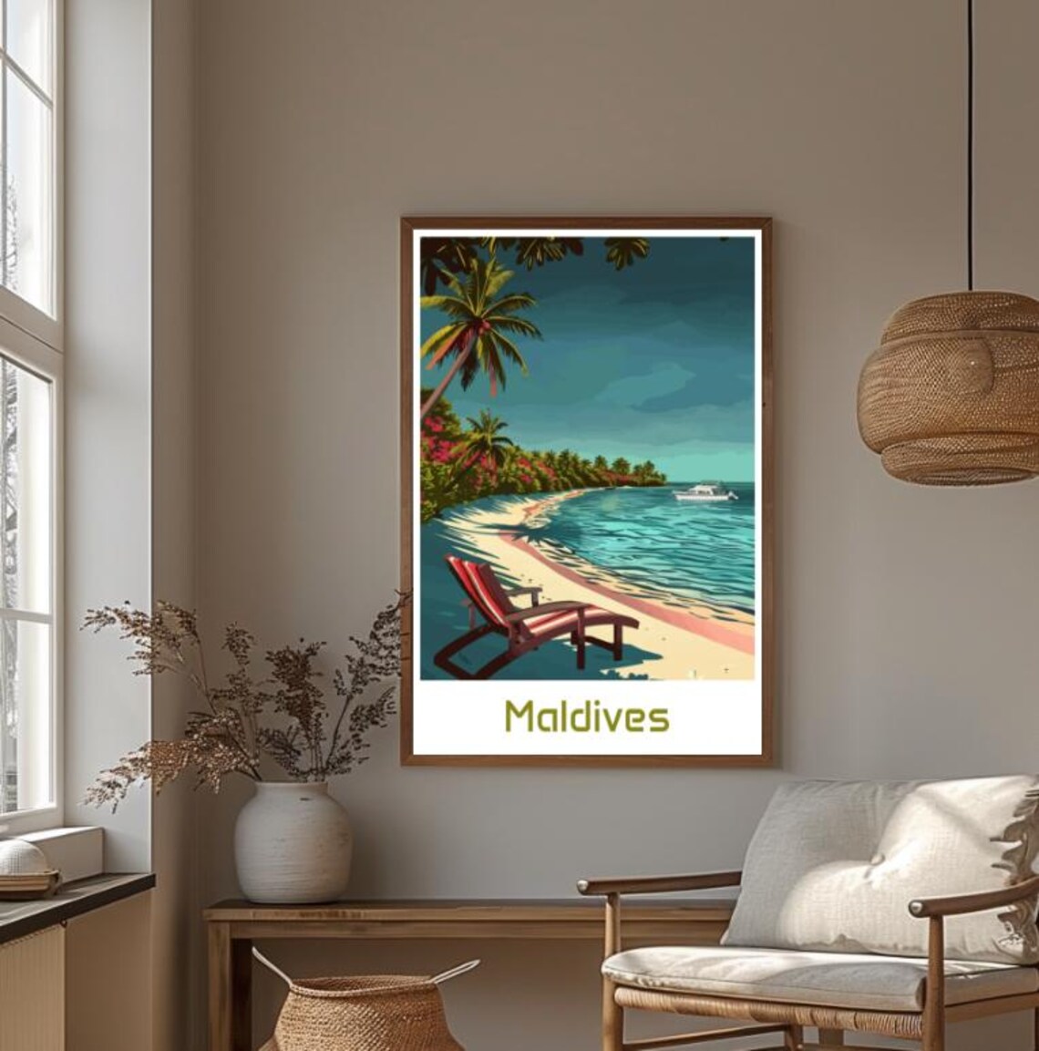 Maldives Tropical Beach Lounger Boat Ocean Vintage Travel Poster - Image 4