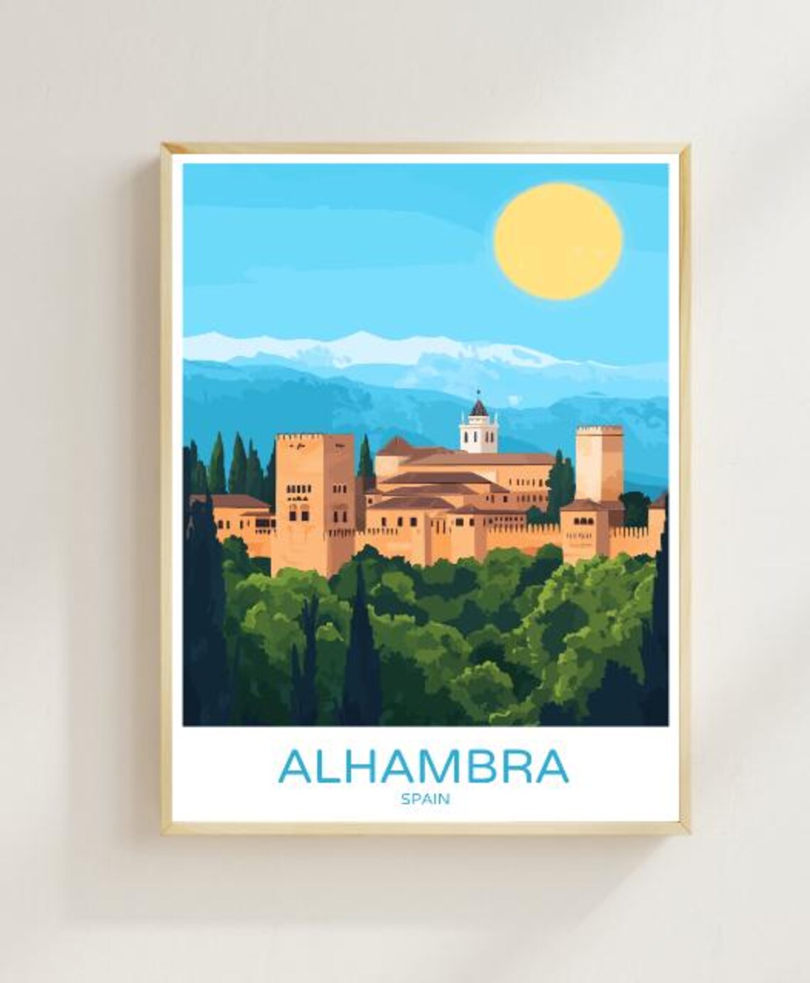 Alhambra Spain Moorish Palace Beneath Snowy Peaks Travel Poster