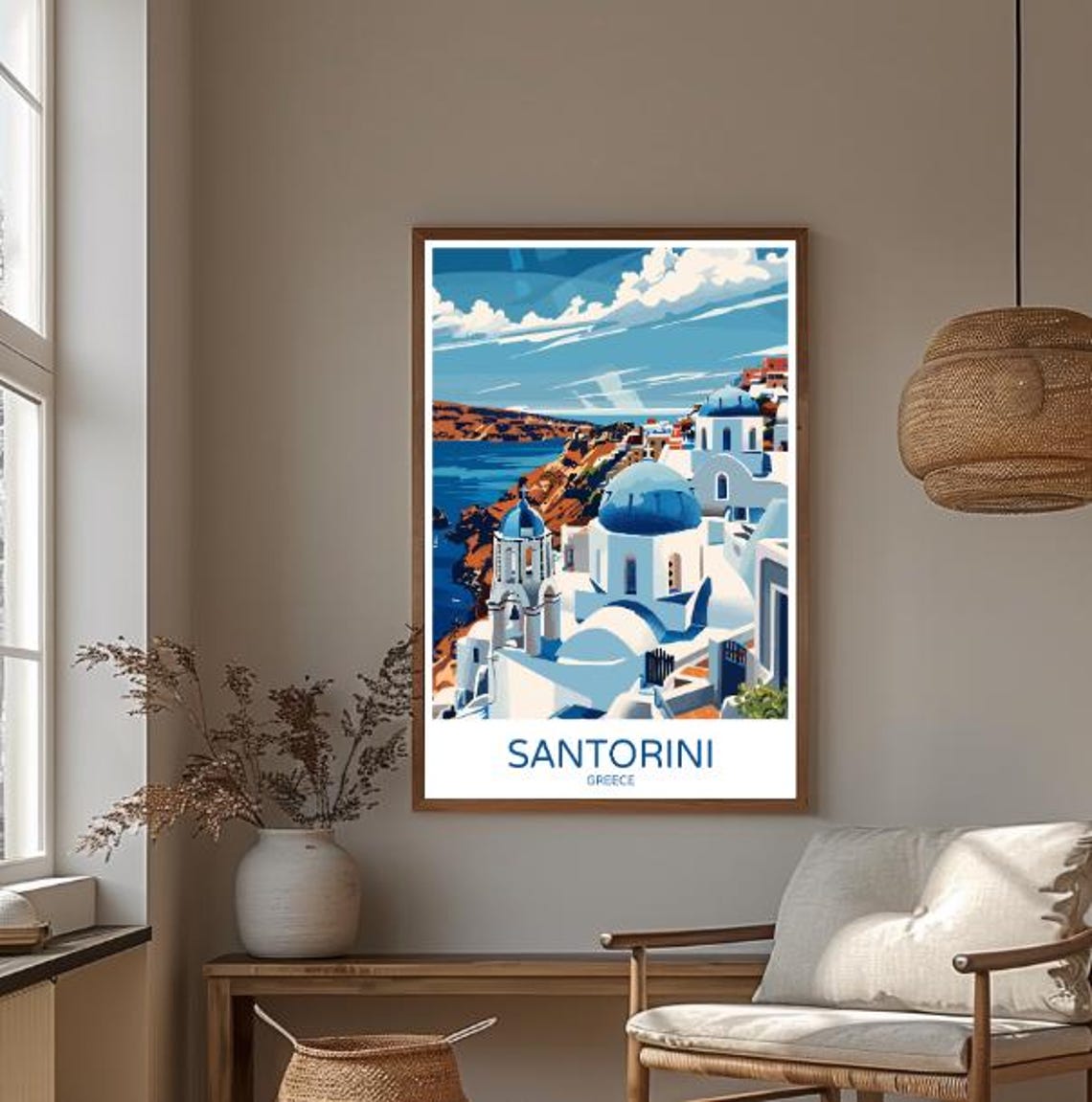 Santorini Blue Domes Whitewashed Caldera Cliffside Greece Poster - Image 3