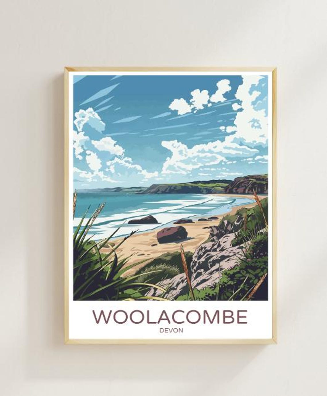 Woolacombe Devon Coastal Sandy Beach Waves Cliffs Travel Poster