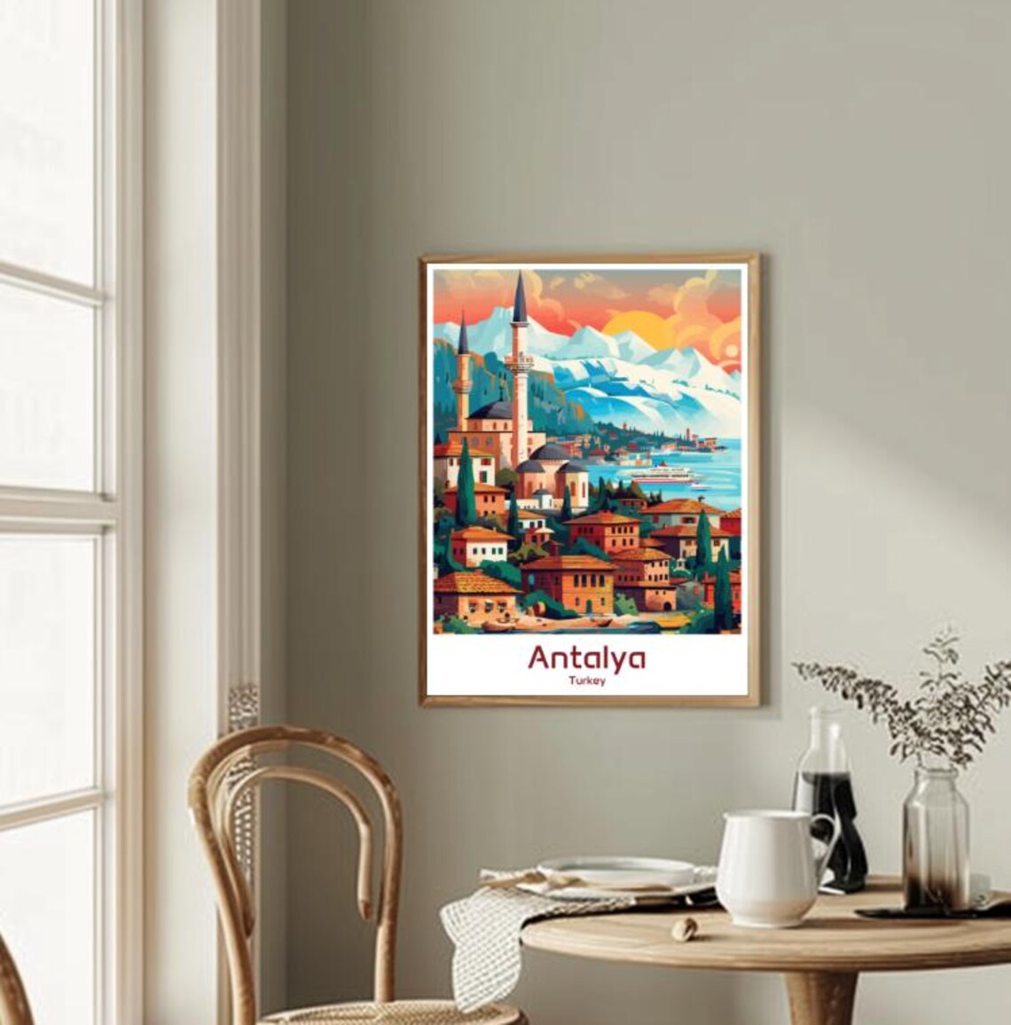 Antalya Turkey Sunset Coastline Mosque Vintage Travel Poster - Image 2