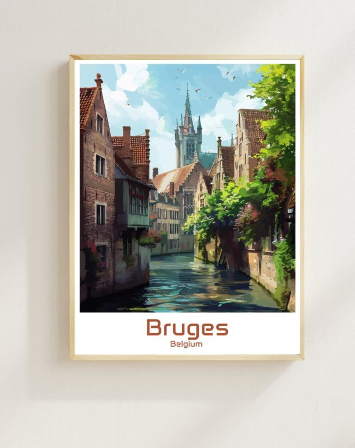 Bruges Belgium Medieval Canal Church Spire Green Daytime Poster