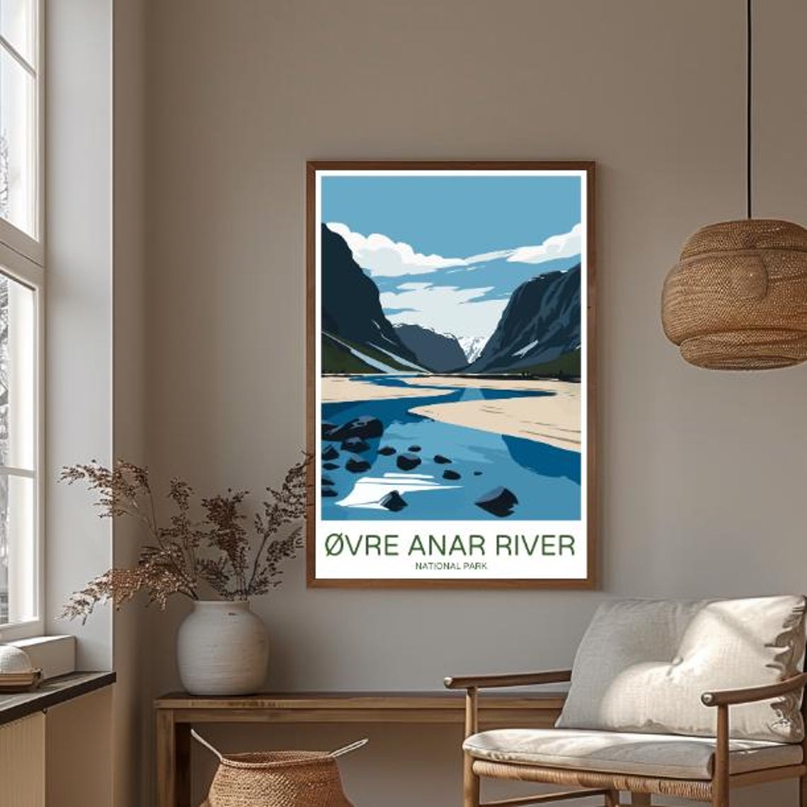 Øvre Anar River Winding Through Blue Mountain Valley Travel Poster - Image 3