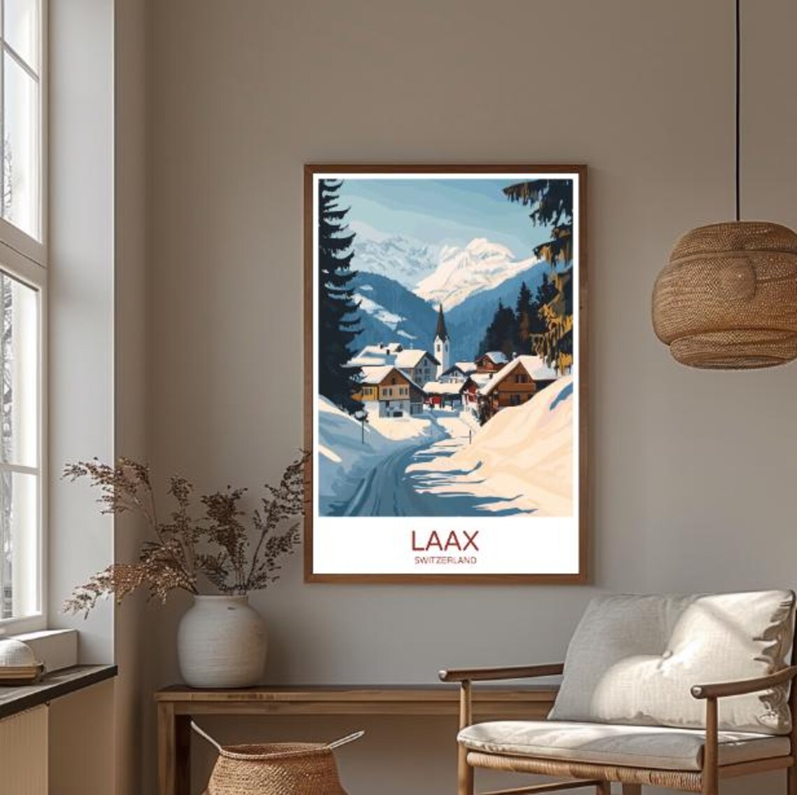 Laax Switzerland Snowy Alpine Village Poster With Church Mountain View - Image 3