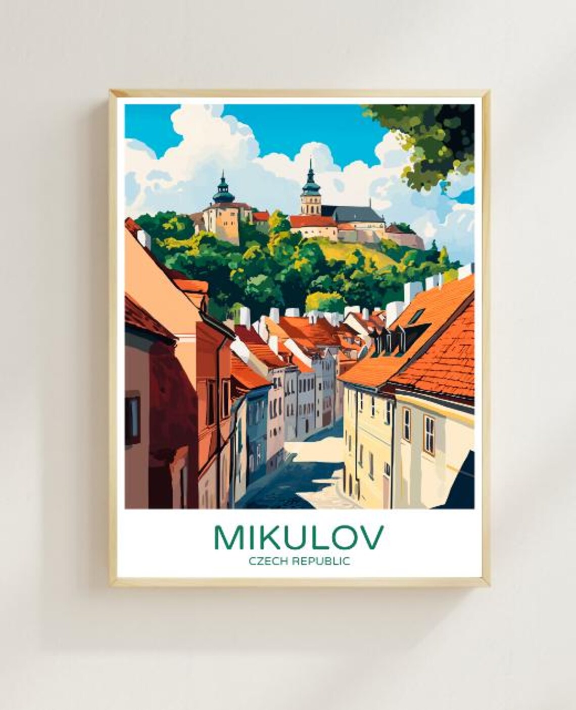 Mikulov Czech Republic Travel Poster with the Castle Above Old Town