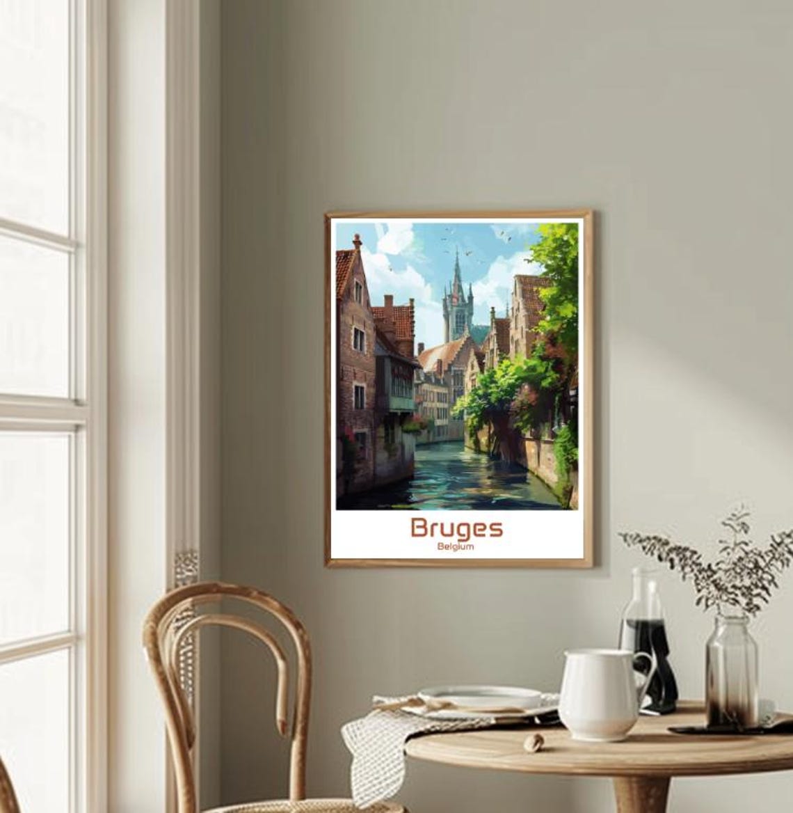 Bruges Belgium Medieval Canal Church Spire Green Daytime Poster - Image 2