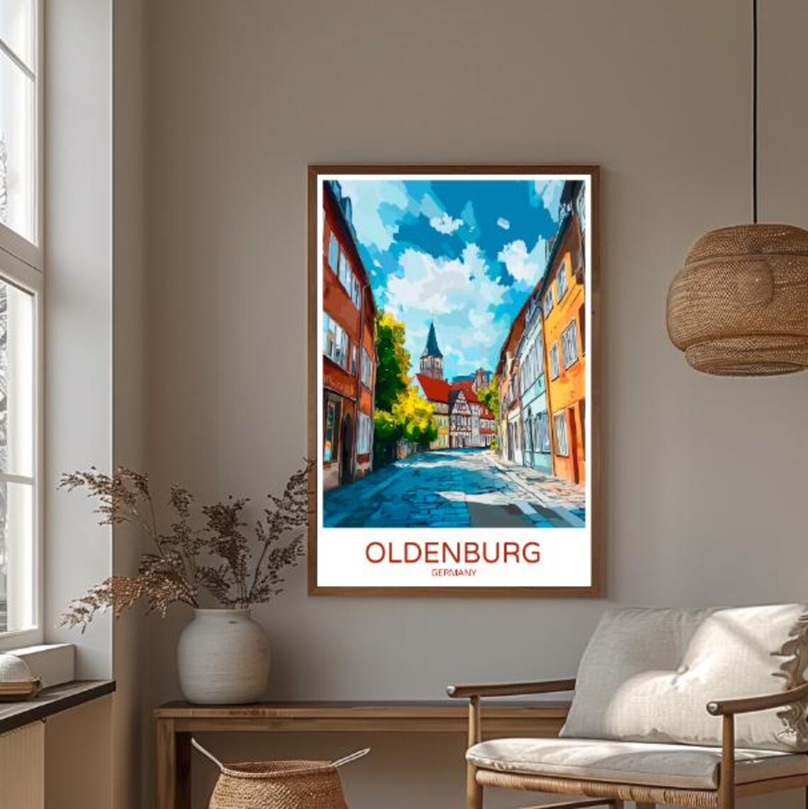 Oldenburg Germany Travel Poster Cobblestone Street And Church Tower - Image 3