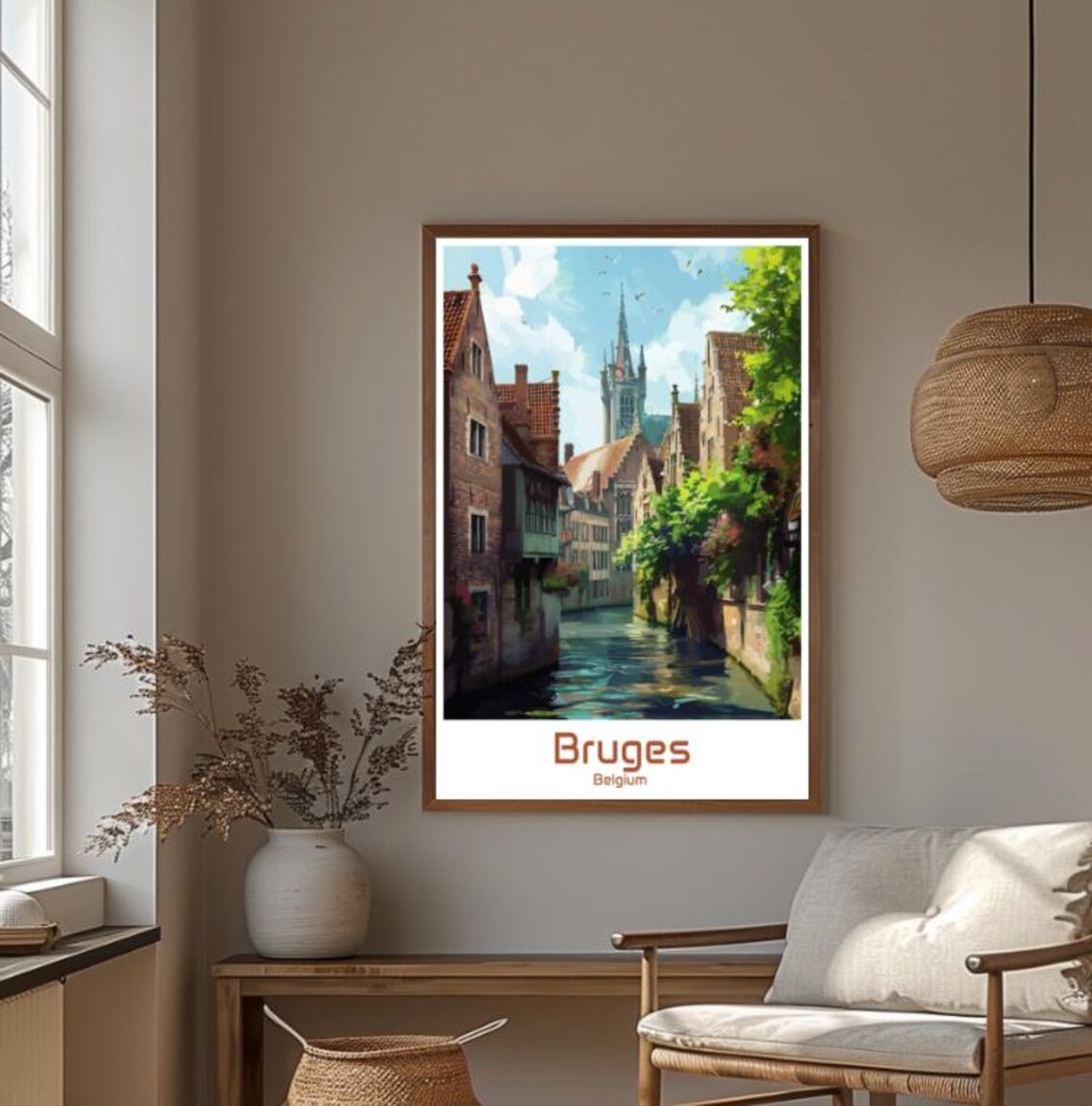 Bruges Belgium Medieval Canal Church Spire Green Daytime Poster - Image 4