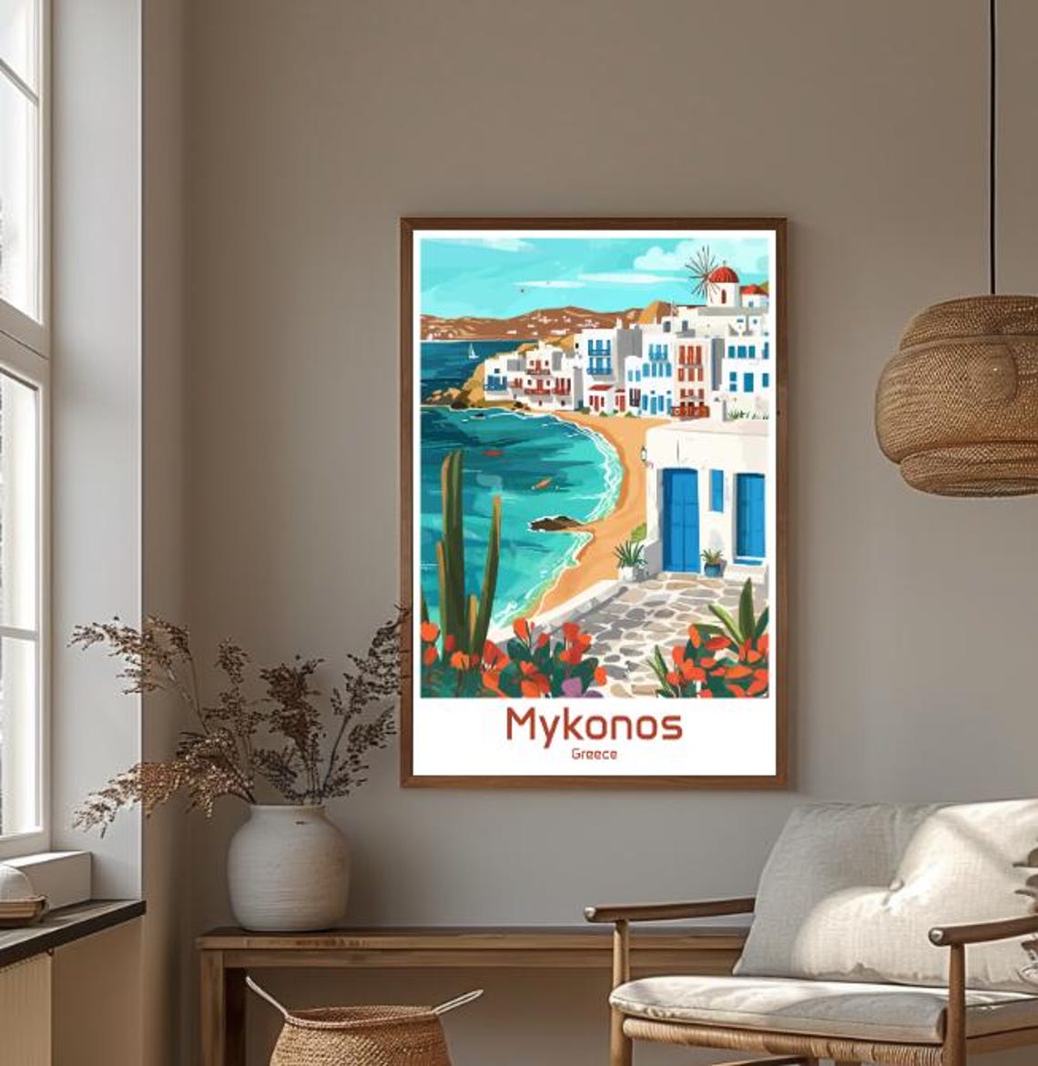 Mykonos Greece Whitewashed Town Windmill Turquoise Beach Poster - Image 4