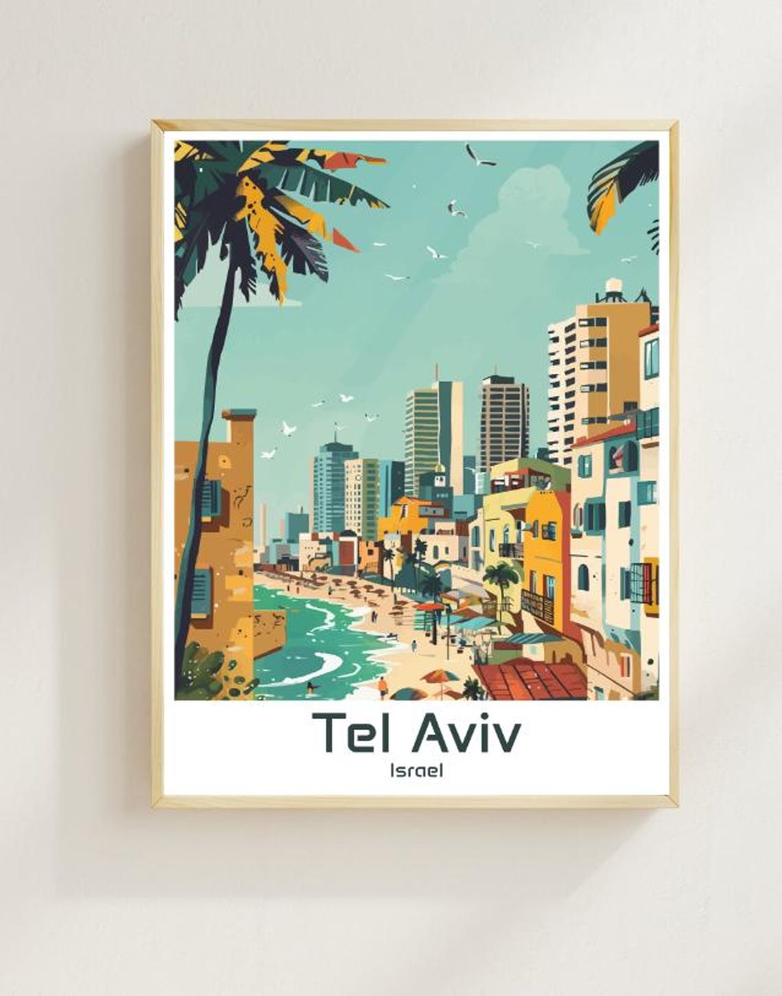 Tel Aviv Israel Mediterranean Beachfront Skyline Palms Travel Poster