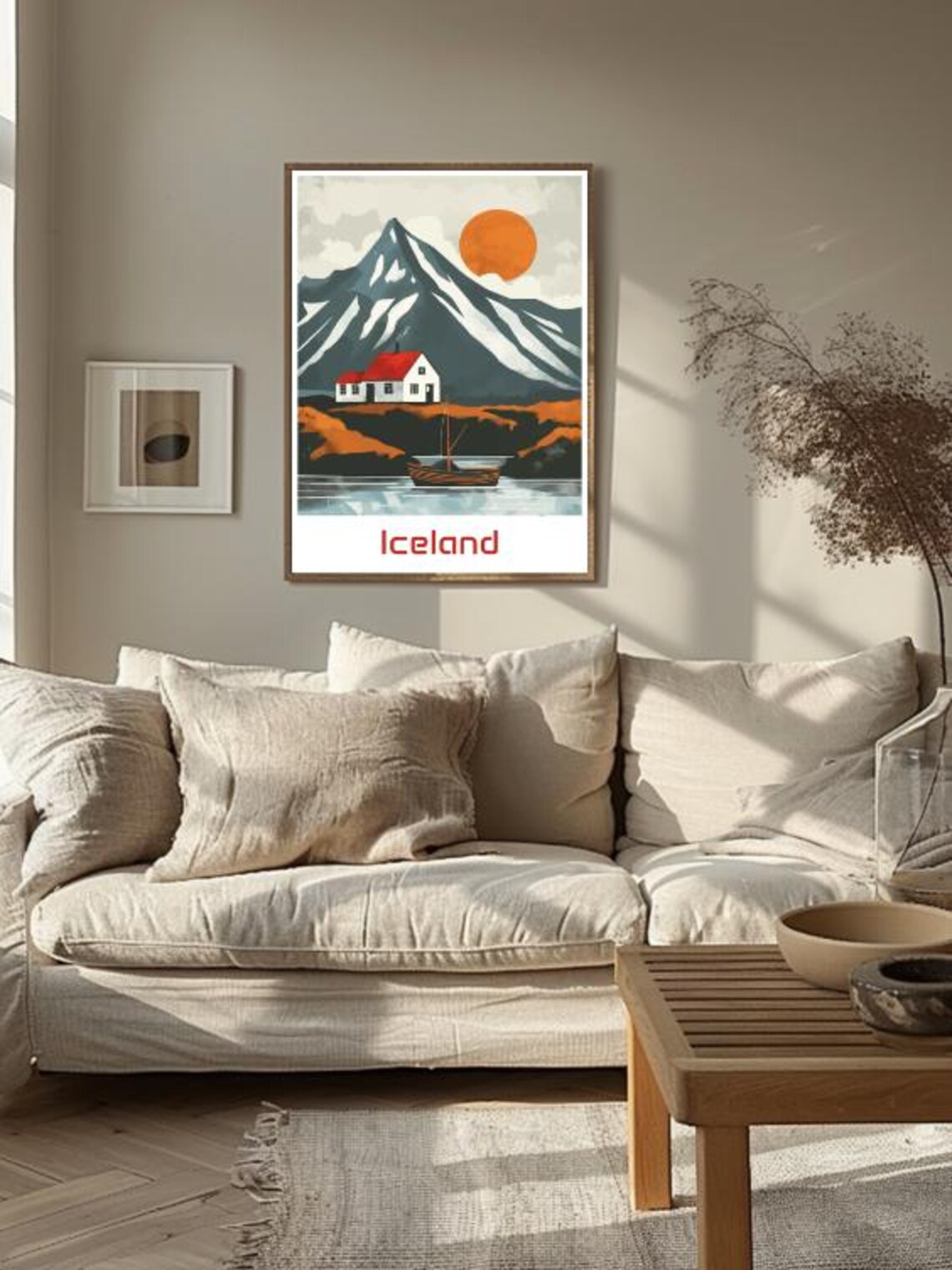 Iceland Red Cottage Mountain Fjord Sunset Vintage Travel Poster - Image 3
