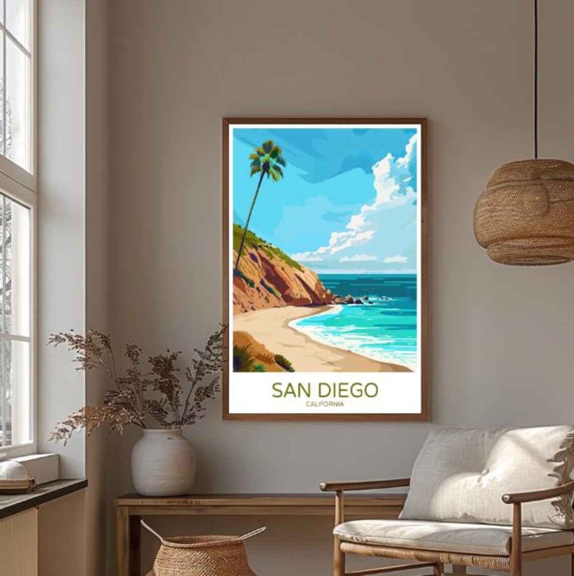 San Diego California Palm Cliff Beach Cove on a Sunny Day Poster - Image 3