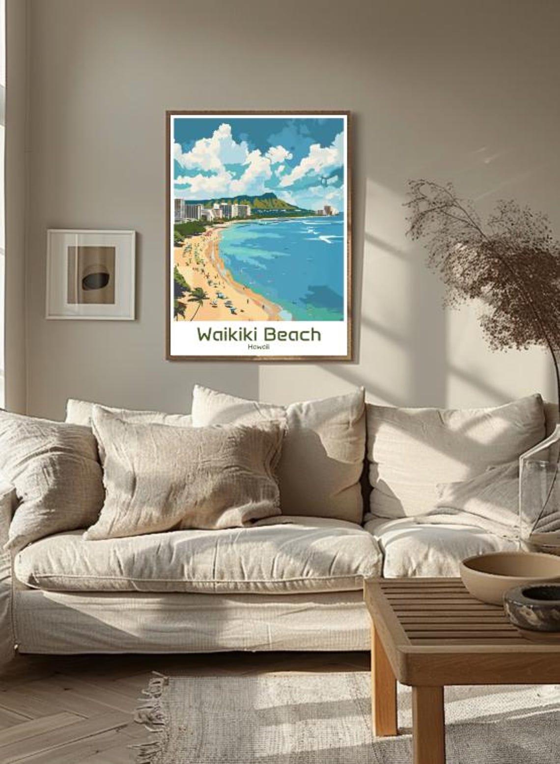 Waikiki Beach Hawaii Colorful Retro Travel Illustration Poster - Image 3