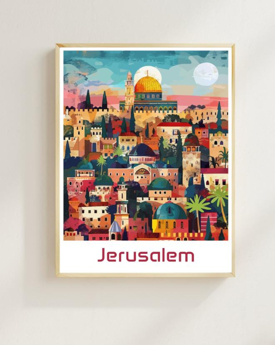 Jerusalem Old City Dome of the Rock Sunset Vintage Travel Poster