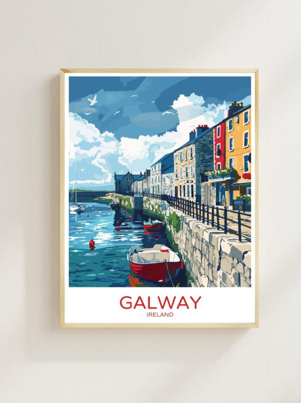 Galway Harbor Boats Colorful Illustrated Quay Ireland Travel Poster