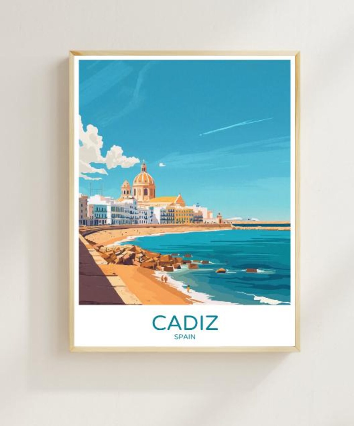 Cadiz Spain Cathedral Dome Golden Beach Promenade Travel Poster