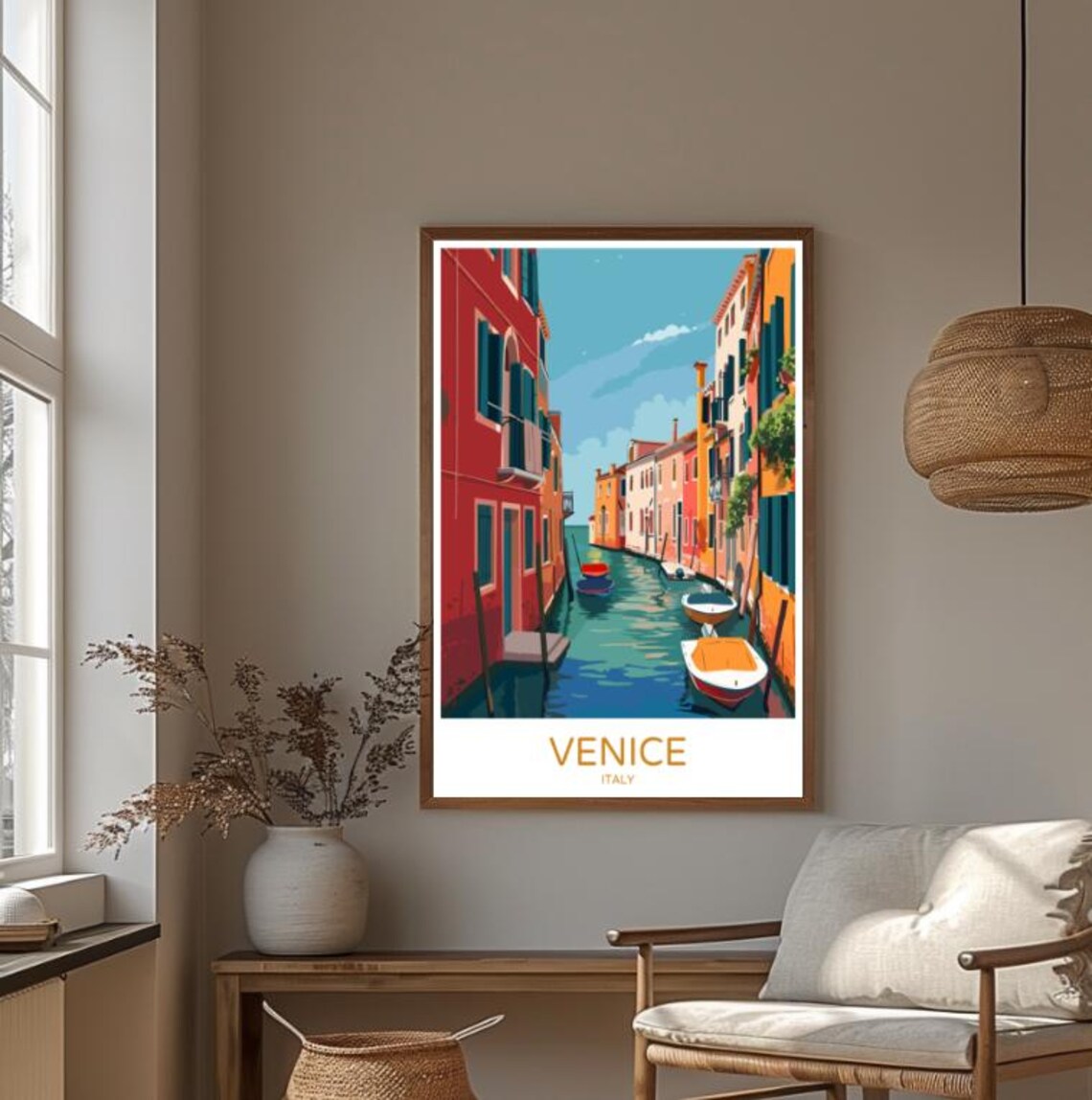 Venice Italy Quiet Canal Colorful Buildings Moored Boats Scene Poster - Image 4
