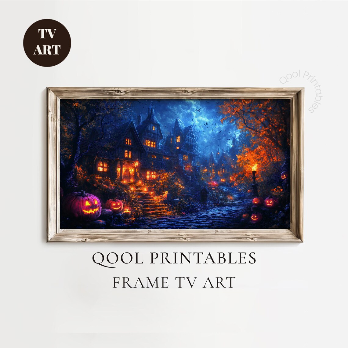 Haunted House Street Halloween Night Pumpkins Moonlit Wall Art Decor