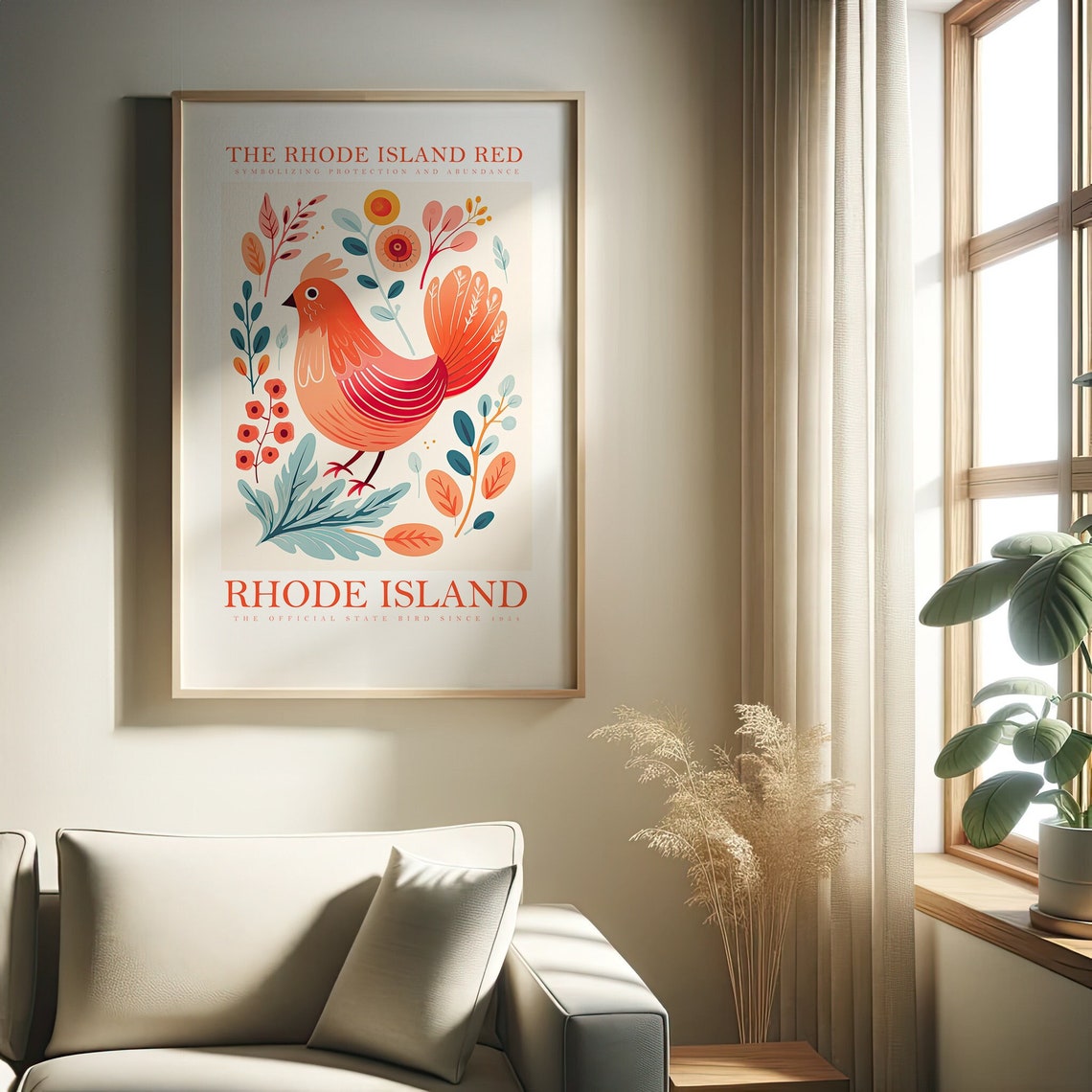 Rhode Island Red Hen State Bird Abundance Bright Folk Art Poster