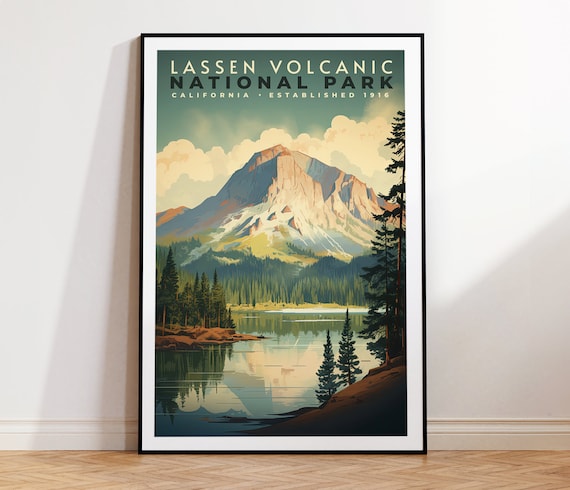 Lassen Volcanic National Park California Peak Lake Retro Art Poster