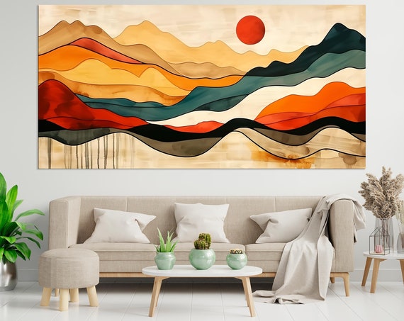 Orange Mountains Print Mid Century Mountain Wall Art Landscape Watercolor Print Abstract Orange Large Wall Art Panoramic Print