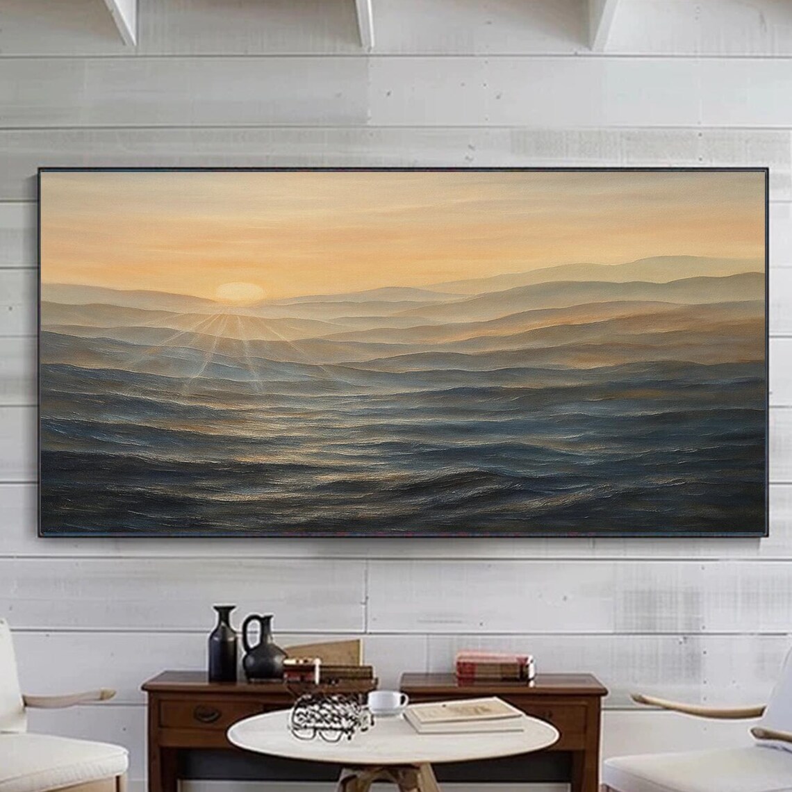 Sunset Waves Abstract Ocean Landscape, Coastal Art