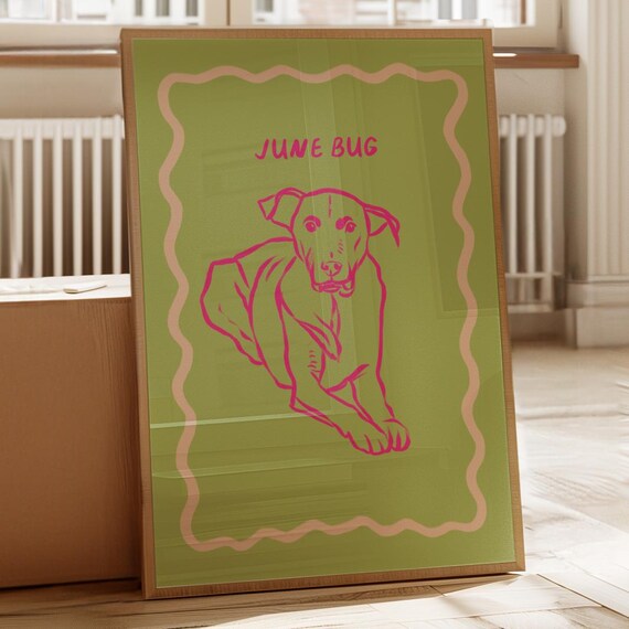 Funny June Bug Lying Dog Minimalist Pink Line Art Portrait Print