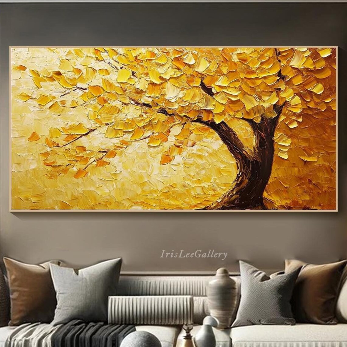Original Gold Tower Tree Painting On Large 3d Textured Wall Art Unique Living Room Wall Art Natural Painting Wind Texture Look Art