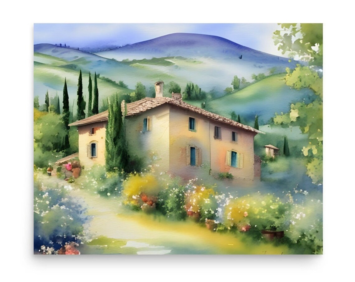 Tuscany Country Villa Watercolor Among Cypress Trees and Hills Poster