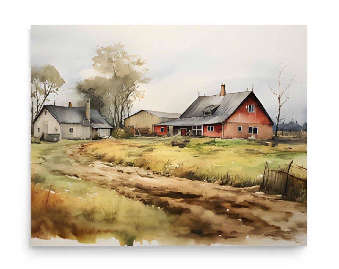 Red Barn Watercolor Painting Vermont Farmhouse Art Print Red Barn Art Print Country Vermont Landscape Watercolor Large Art Print Vermont Art