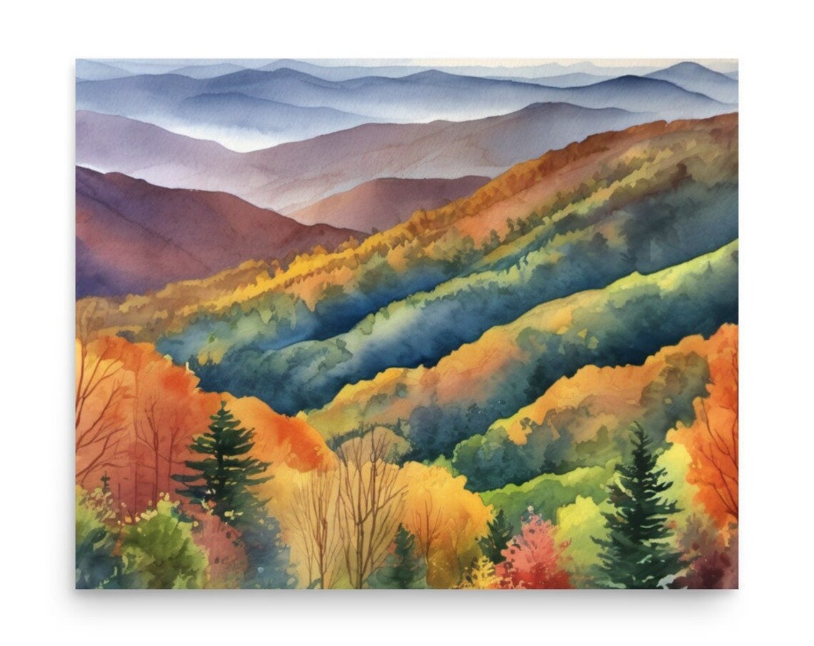 Smoky Mountains Watercolor Art Print, Fall Landscape