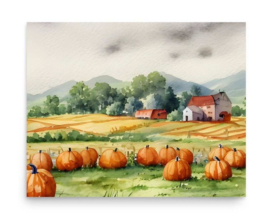 Pumpkin Patch and Farmhouse Watercolor Autumn Farm Scene Poster