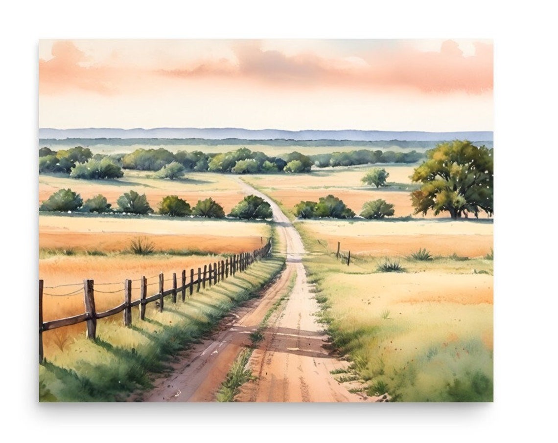 Texas Painting Country Road Through Farm Meadow Watercolor Art Print Texas Farm Ranch Wall Art Country Landscape Art Grass Hills Landscape