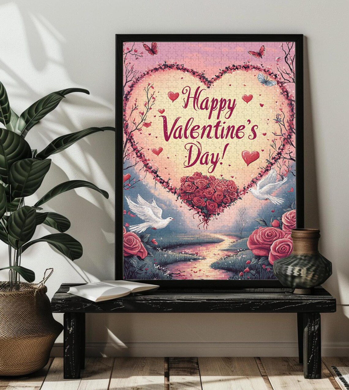 Happy Valentines Day Hearts Doves Roses Romantic Wish Poster