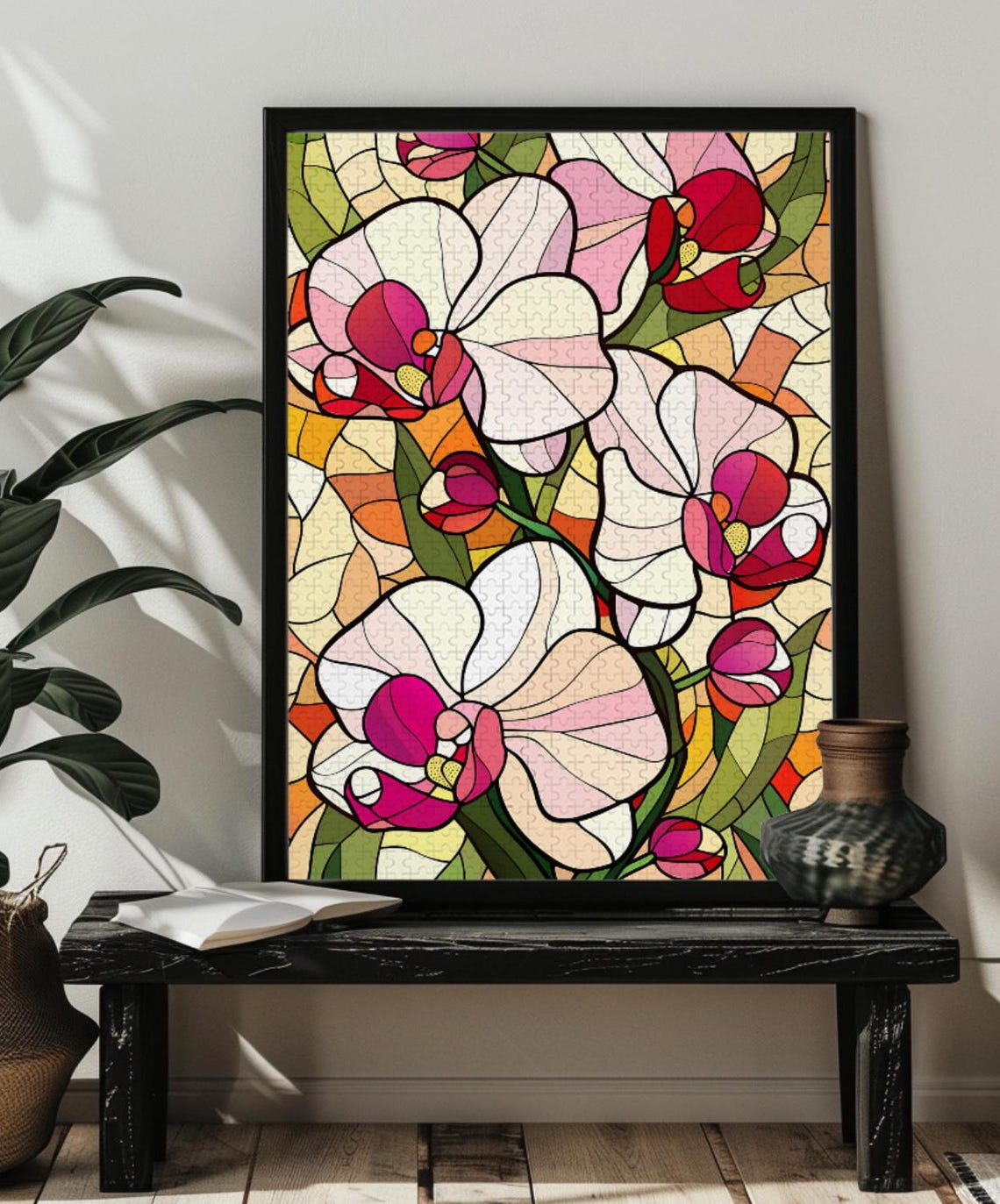 Elegant Pink Butterfly Orchids Blooming in Stained Glass Poster - Image 2