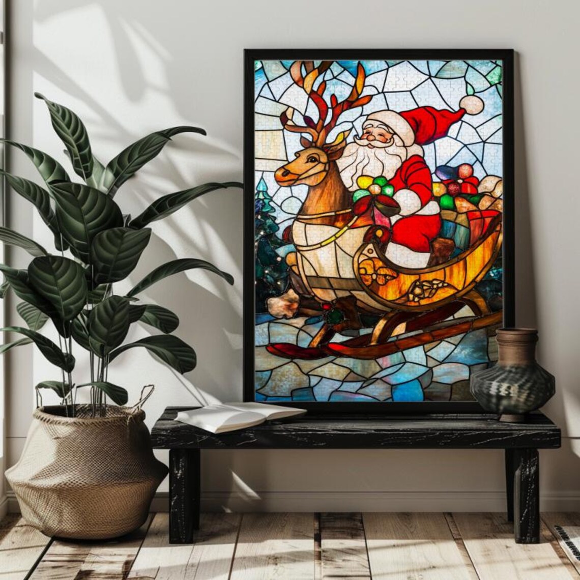 Stained Glass Christmas Santa Claus On Sleigh Jigsaw Puzzle Familysanta Claus Wall Art Decor3005001000 Christmas Puzzleschristmas Gift - Image 3