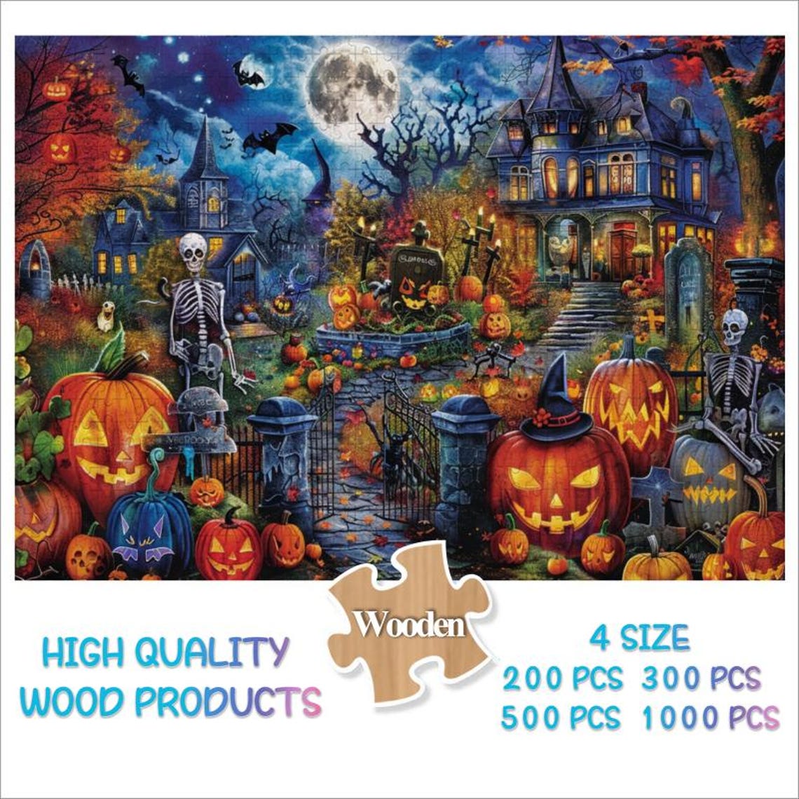 Halloween Haunted House Pumpkins Ghosts Moonlit Night Art Poster - Image 4