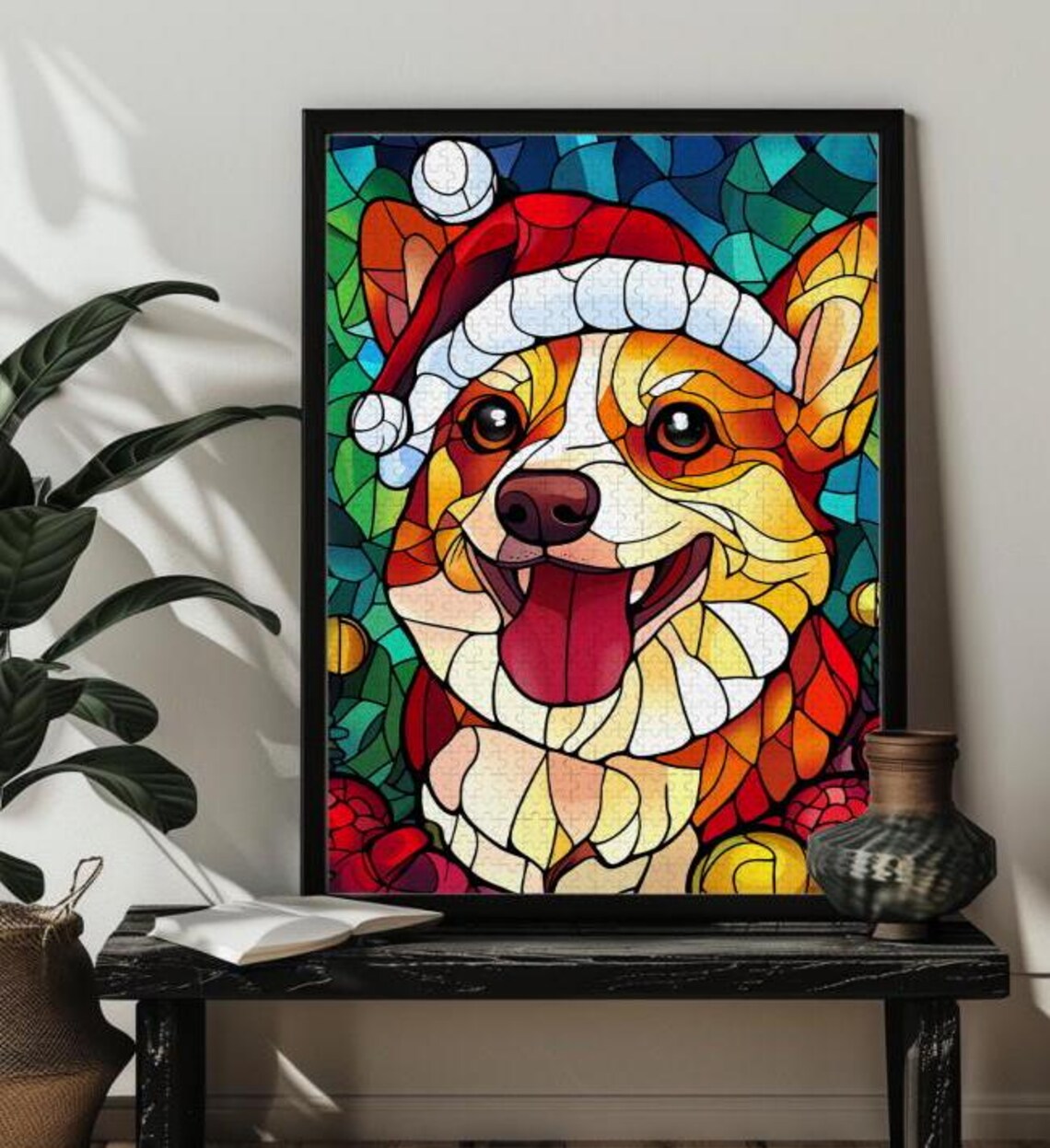 Happy Corgi In Santa Hat Stained Glass Style Christmas Dog Poster