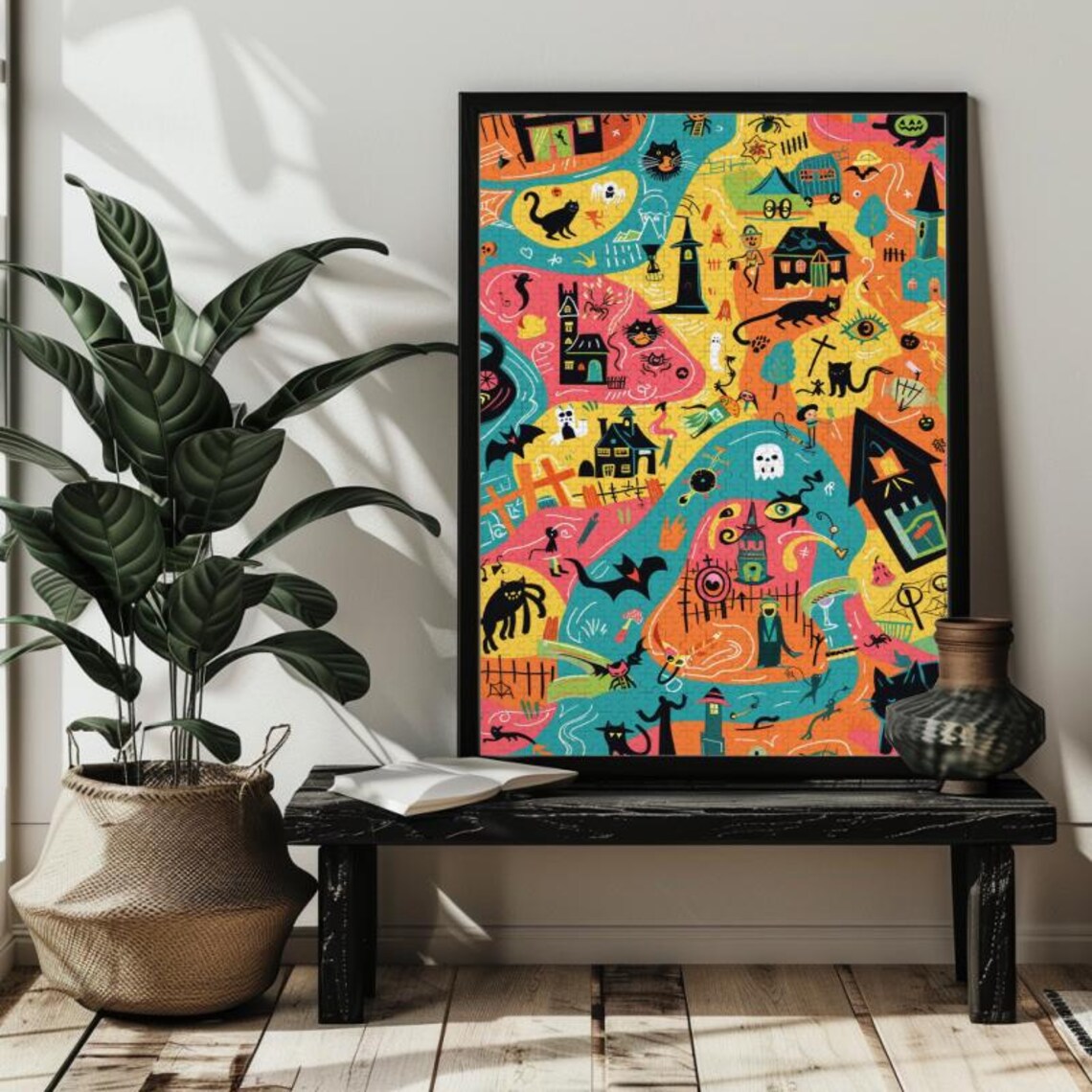 Halloween Town Doodle Map Black Cats Ghosts Cartoon Art Poster - Image 2