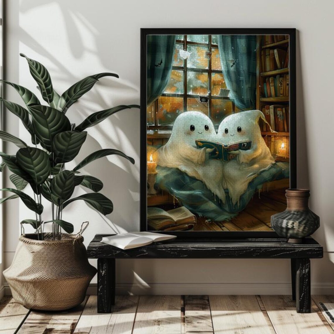 Cute Ghost Reading Halloween Jigsaw Puzzle Art - Image 3