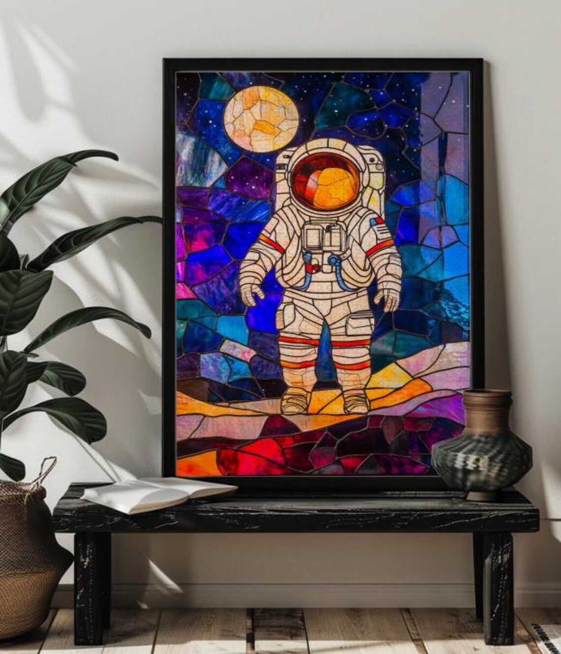 Astronaut Walking on the Moon Fiery Sun Stained Glass Poster - Image 4