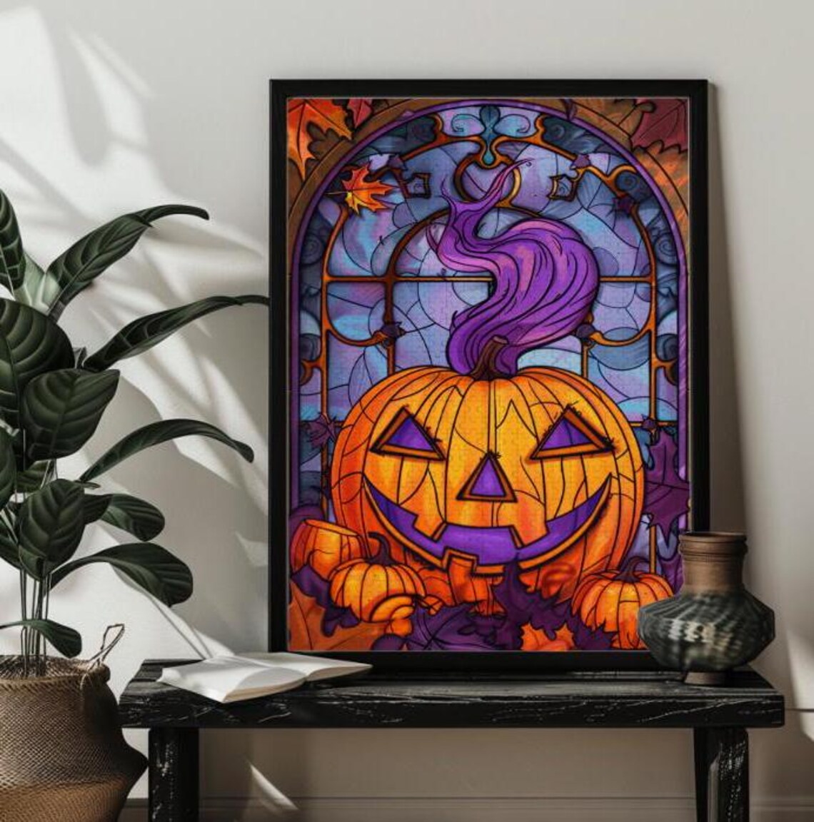 Halloween Stained Glass Pumpkin Jigsaw Puzzle Art Print