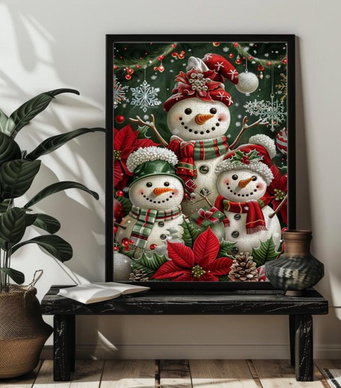Happy Snowman Family with Poinsettias for Christmas Holiday Poster - Image 4