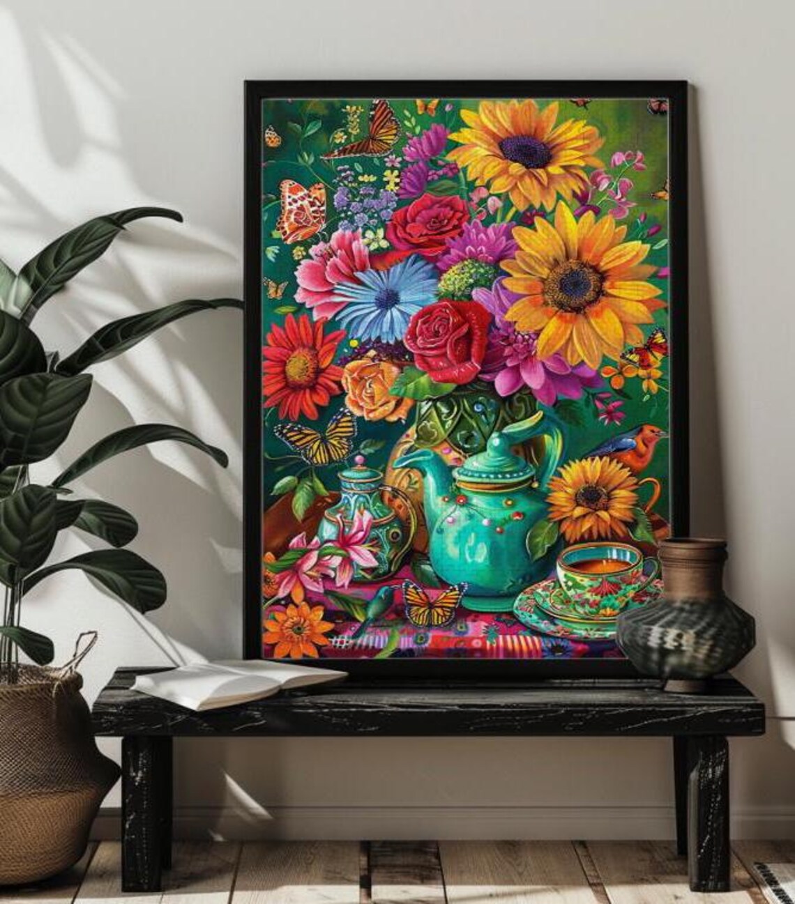 Colorful Watercolor Teapot Vase Wildflower Bouquet Garden Poster - Image 4