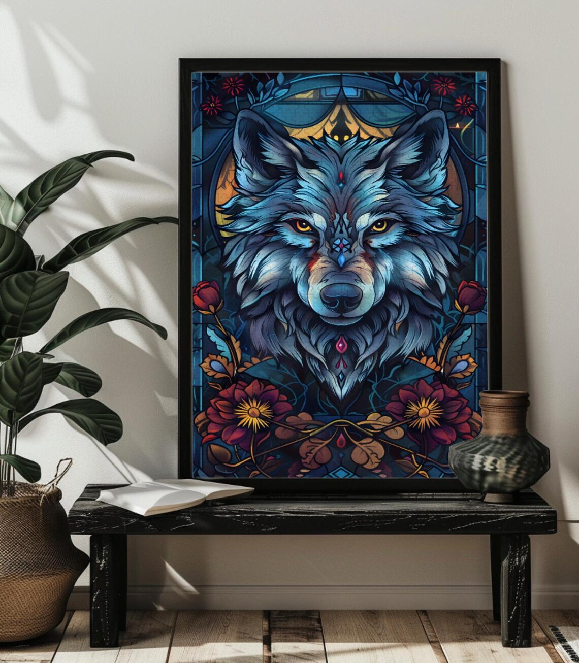 Majestic Stained Glass Wolf Portrait with Roses and Arch Poster - Image 2